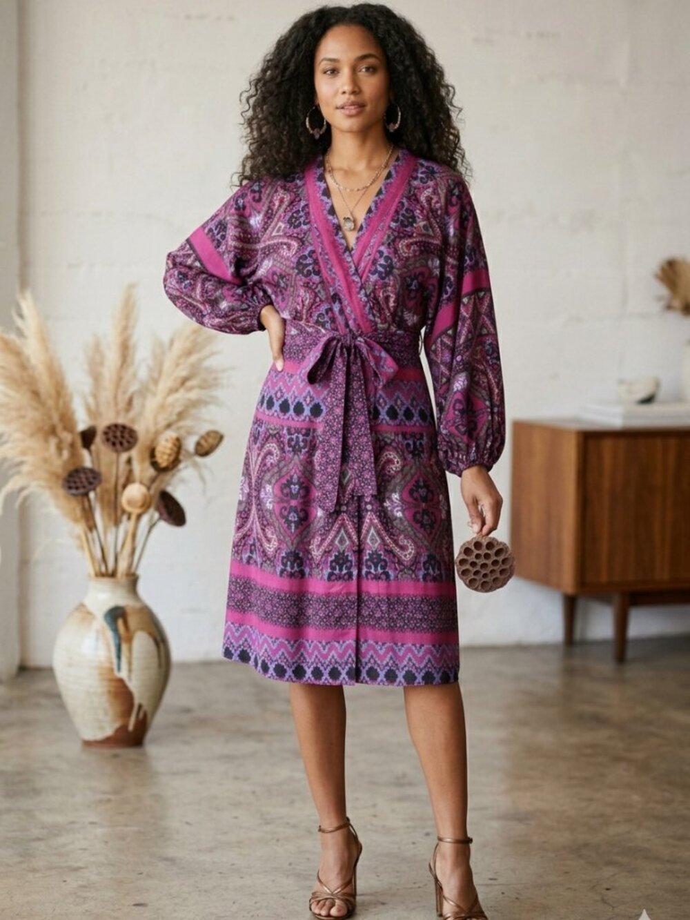 NWT Express Size S Boho Ikat Medallion Print Tie-Front Dress Purple Magenta